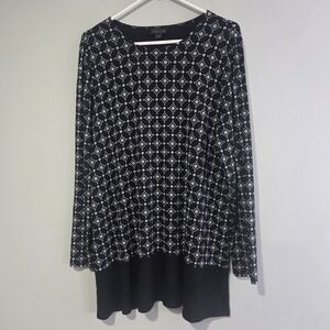 J Jill Wearever Collection Women's L Classic Tunic Top Black White Diamond Print